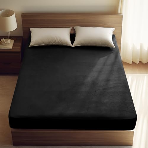 "PHF Ultra Soft Velvet Fitted Sheet Queen Size, 16"" Deep Pocket with Wider Stronger Elastic Band, Easy Fit Easy Care, 1 Pack Cozy Comfy Flannel Bottom Sheet for All Seasons, No Pillowcases, Black"