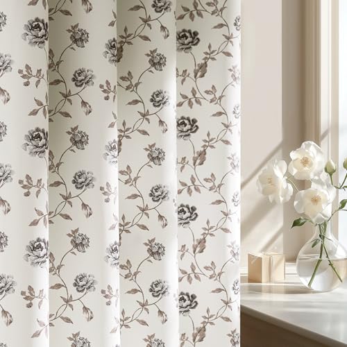 Beauoop Floral 100% Blackout Curtains for Bedroom Grey Brown 52x63 2 Panels - Rose Flower Patterned Room Darkening Drapes for Living Room 63 Inch Long Thermal Soundproof Window treatment Grommet