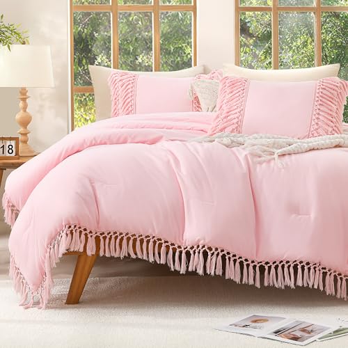 Andency Light Pink Comforter Set Full, 3 Pieces Boho Tassel Bedding - Lightweight Soft Comforter Sets(79x90In) and 2 Pillowcases, All-Season Fluffy Fringe
