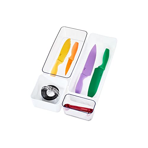iDesign Recycled Drawer Organiser Set, Storage Tray Boxes, Kitchen or Bathroom Organiser Set of 4, Made of Recycled Plastic, Transparent and White