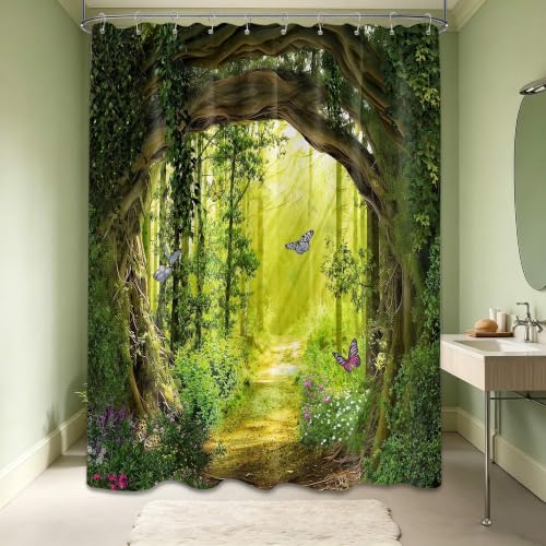 QGHOT Tree Shower Curtain Green, Nature Garden Shower Curtain Outdoors Scene Shower Curtains for Bathroom, Enchanted Forest Scenic Bathroom Decor Sets, Waterproof Fabric with Hooks (60''W x 72''L)