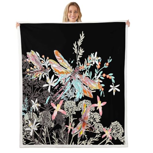 Feelyou Dragonfly Sherpa Blanket Throw 50x60 Inches Botanical Floral Fleece Throw Blanket for Kids Girls Teens Women Bedroom Decor Nature Animals Branches for Sofa Bed Couch Black