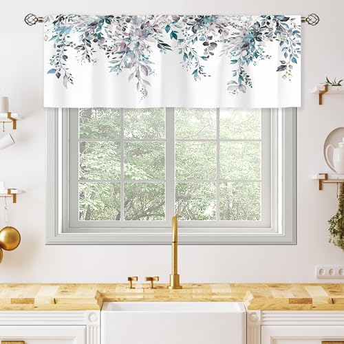 oolygoo Blue Grey Valances Kitchen Curtains Watercolor Eucalyptus Botanical Leaves Flower Window Drapes Floral Plants Bedroom Bathroom Living Room Treatment Tier 1 Panel 52Wx18H Inch