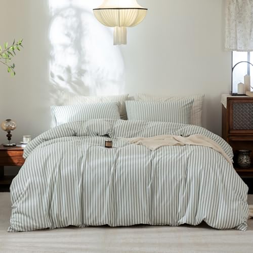 FOSSA Striped Duvet Cover Set 100% Washed Cotton Linen Feel Twin - Super Soft Breathable Lightweight & All Season Bedding Set with Hidden Zipper & 8 Corner Ties (Sage Green)
