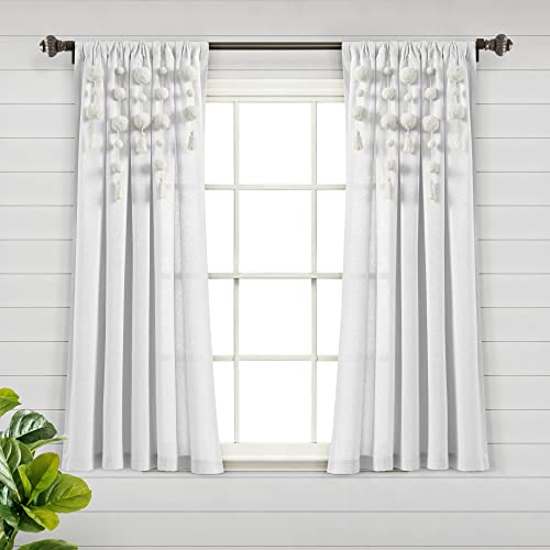 "Lush Decor Boho Pom Tassel Linen Window Curtain (Single Panel), 63"" Long x 52"" Wide, Off- White"