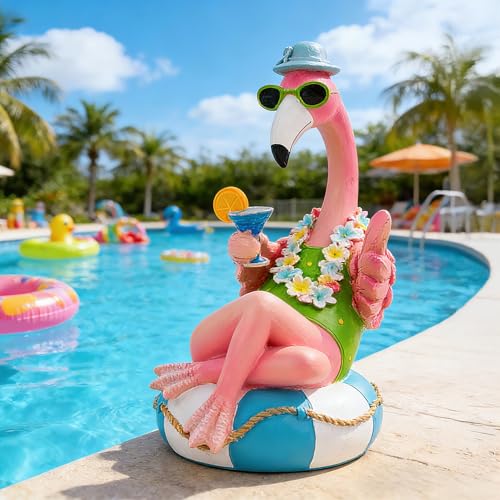 Teaeeno Pink Flamingo Figurines With Swim Ring Resin Flamingo Bird Sculpture,Large Flamingo Ornaments for Coastal Home Wedding Decor,Housewarming Flamingo Gifts for Lady,Tropical Holiday Decor on Desk
