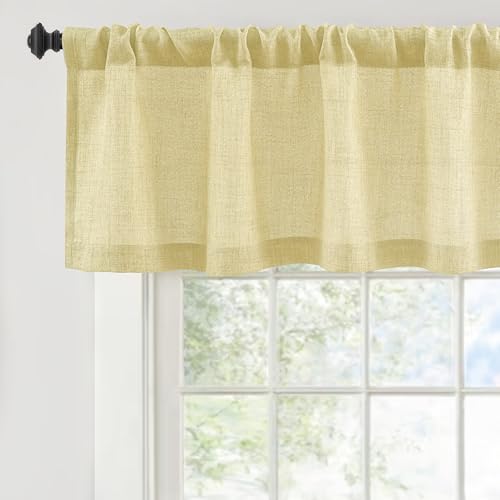 DriftAway Linen Textured Window Valance for Kitchen Semi Sheer Light Filtering 3 Inch Rod Pocket Farmhouse Country Rustic Window Curtain Valances 14 inch Length for Bathroom Living Room Yellow
