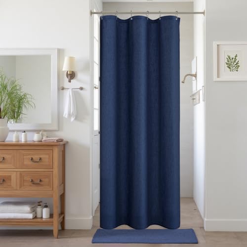 KOUFALL Navy Blue Fabric Shower Curtain,Small Stall Size 36 x 72 Inch Linen Cotton Textured Waterproof Bathroom Curtains Shower Set
