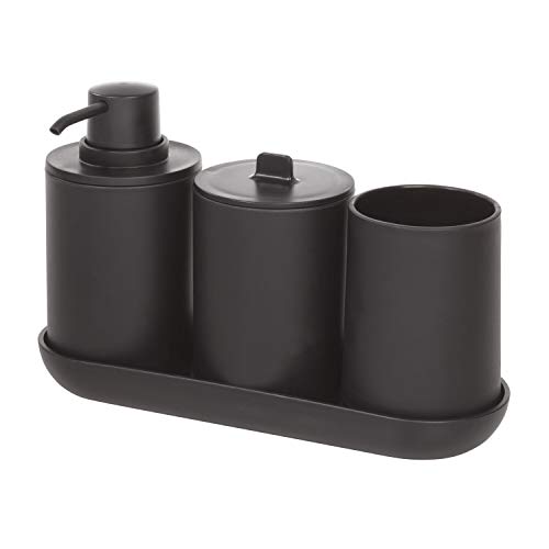 iDesign 28737 Bathroom Accessories Set, 4-Piece Sink Tidy with Soap Dispenser, Toothbrush Holder, Cotton Pad Dispenser and Tray, Made of Plastic, Black, 24.5 cm x 8.9 cm x 16.2 cm