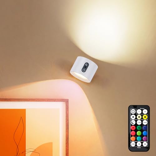 LuminexDesigns Rechargeable LED Wall Light, Wireless No-Drill RGB Wall Lamp White, Stick-On Indoor Cordless Sconce with Remote Control & Touch Dimming Timing for Bedside, Kitchen & Picture Lighting