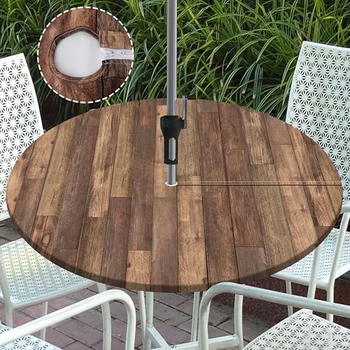"Puwurak Round Outdoor Tablecloth with Umbrella Hole Zippered Fitted Tablecloth with Elastic Wood Grain Table Cloth Cover for Picnic Party Patio Fits 48-52"" Diameter Round Tables"