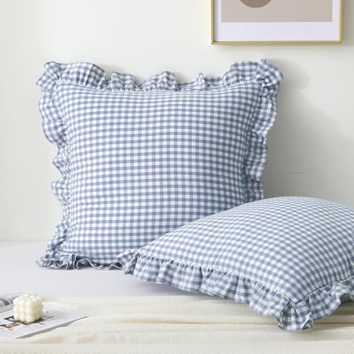 K MASANIJI 2 Pack Dust Blue White Plaid Ruffle Euro Throw Pillow Covers, 100% Cotton Gingham Checkered Farmhouse Decorative Pillow Shams for Bed/Sofa Zipper Closure - 22''x22''