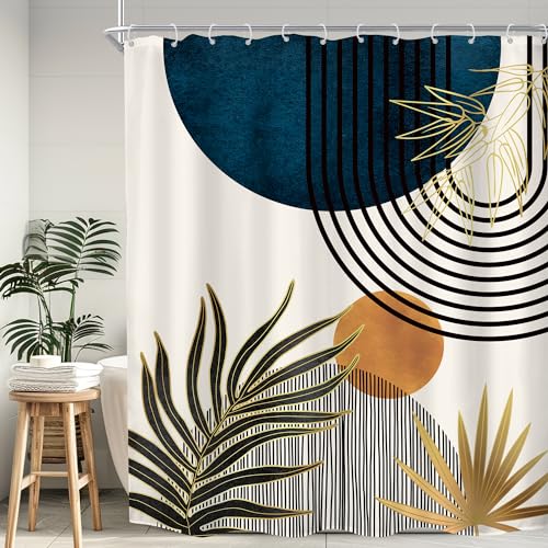 KOMLLEX Mid Century Blue Boho Shower Curtain 72Wx84L Inches Abstract Modern Blue Shower Curtains for Bathroom Decor Plant Botanical Minimalist Arch Sun Fabric Liner Waterproof Polyester 12 Pack Hooks