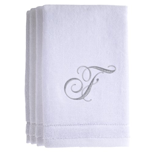 Monogrammed Towels Fingertip, Personalized Gift, 11 x 18 Inches - Set of 4- Silver Embroidered Towel - Extra Absorbent 100% Cotton- Soft Velour Finish - For Bathroom/Kitchen/Spa- Initial F (White)