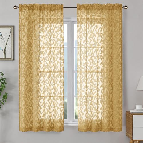 OWENIE Leyna 2 Panels Sheer Gold Curtains 63 Inch Length for Bedroom, Soft Lightweight Jacquard Clip Window Curtain for Living Room, Double Rod Pockets Textured Drapes, Each 40Wx63L Inches