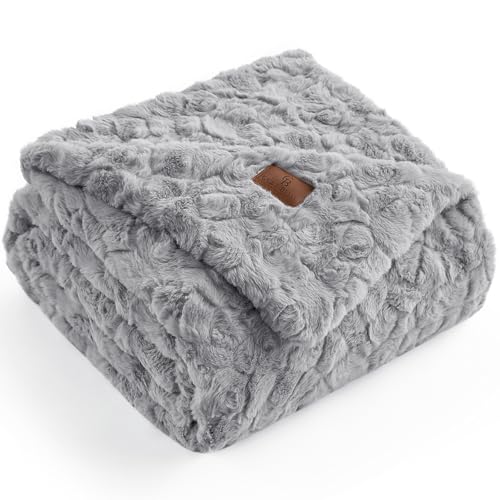 Cozy Bliss Faux Fur Throw Blanket for Couch, Fuzzy Soft Plush Thick Warm Fluffy Reversible Wave Textured Blanket for Sofa Bedroom Living Room, 55 * 70 Inches Grey