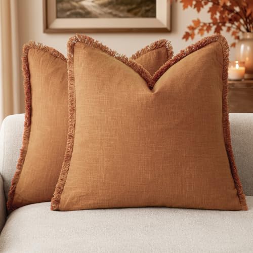 Foindtower Set of 2 Decorative Linen Fringe Throw Pillow Covers Cozy Boho Farmhouse Cushion Cover with Tassels Soft Accent Pillowcase for Couch Sofa Bed Living Room Home Decor, 16??16 Inch, Orange