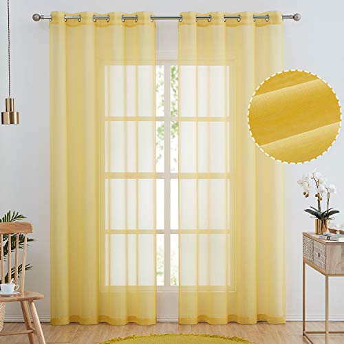 July Joy Semi Linen Look Sheer Curtains for Bedroom, Living Room Grommet Light Filtering Solid Voile Window Curtains, Set of 2 Panels (52 x 96 inch, Yellow)