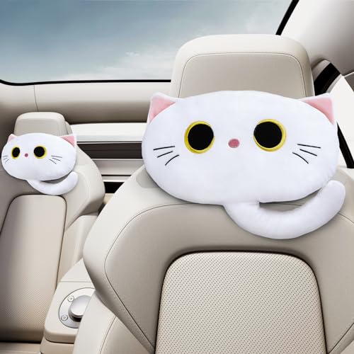 EVOLVEOVER White Cat Car Headrest Pillow Cartoon Car Seat Pillow Cat Neck Support Plush Cushion for Driving Seat (2 pcs)