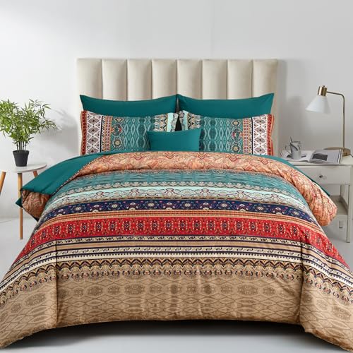 Boho Bedding Set California King Size, 8-Piece, Green and Brown, Bohemian Striped Bed in a Bag, Floral Pattern, Soft Microfiber, Bedding Set for All Seasons