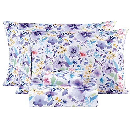Mooreeke Floral Queen Sheets, Soft Breathable Microfiber Vintage Printed Bed Sheet Set, Deep Pocket Non-Slip Fitted Sheet Included, Purple Flower Pattern