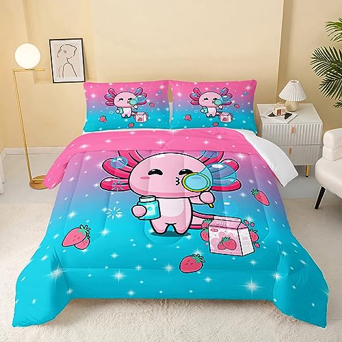 QOOMO Kawaii Axolotl Comforter,Pink Salamander Comforter Set for Kids Teens Girls,3Pcs Bedding Set Printed Comforter with 2 Pillowcases,Down Alternative,Soft and Lightweight(Pink???Queen Size)