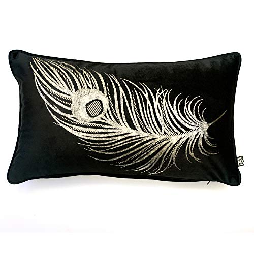 Laurence Llewelyn-Bowen - Black & Gold Velvet Cushion - 30 x 50cm - Filling/Padding Included - Metallic Gold Printing - Black Luxury Peacock Cushion - Matching Bedding Available - Peacock Gifts