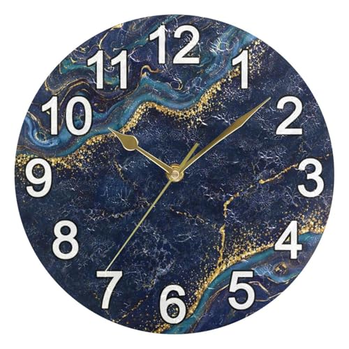 BOENLE Abstract Blue Gold Marble Wall Clock Non Ticking Silent Kitchen Clock Large Battery Operated Clocks 10 inch for Living Room Bedroom Decor
