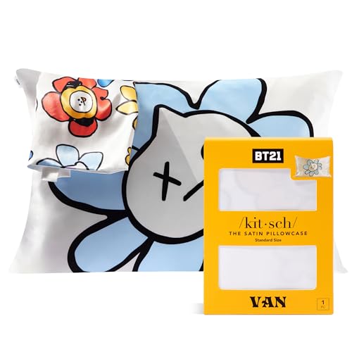 "Kitsch x BT21 Satin Pillowcase with Zipper for Hair & Skin, Softer Than Silk Pillow Cases, Queen Pillow Covers, Machine Washable, Wrinkle-Free, Cooling Satin Pillow Cases Standard Size 19""x26"" (Van)"