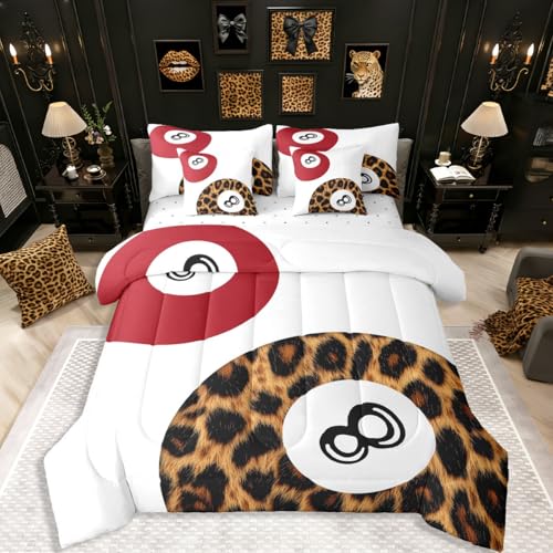 Erosebridal Lucky 8 Ball Bedding Sets,Trendy Cheetah Comforter Set 7 Piece Bed in A Bag Full Trendy Funky Preppy Comforter and Sheets White Red Brown Bed Set Fashion Coquette Room Decor Aesthetic