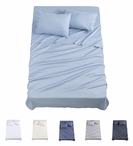 Todocama 3001 4-Piece Fitted Sheet Set – Top Sheet – Two Pillowcases 50 x 80 cm (Bed 135 x 190/200 cm, Light Blue)