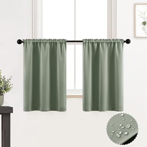 XTMYI Bathroom Curtains Window,Eucalyptus Sage Green Waterproof Small Tier Boho Kitchen Curtains,24 Inch Length Sets of 2