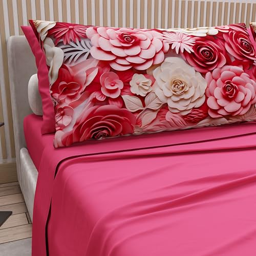 PETTI Artigiani Italiani - Cotton Sheets with Pillowcases in Digital Print, Double Maxi, Complete Top and Bottom Sheet with Corners, Floral 05 3 Fuchsia, 100% Made in Italy
