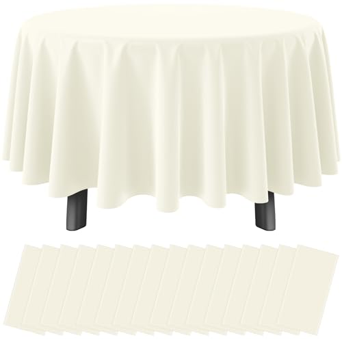 16 Pack Beige Plastic Tablecloths for Round Tables, Premium Decorative Ivory Disposable Table Covers for Parties, Round Cream Party Table Cover for Birthday Wedding Baby Shower Graduation, 84 Inch