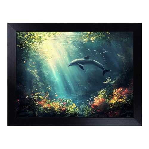 Lap Tray with Bean Bag Cushion, Dolphin - Handmade in the UK, Raised Wooden Edge, Padded Cushion, Heat-Resistant Wipe-Clean Surface, for Meals, Laptops and Crafts