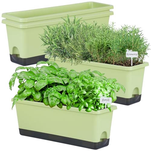 Window Box Planter 4 Packs, 17 Inches Rectangle Flower Pots with Drainage Holes & Trays, Pots for Vegetables, Herbs, Flowers, Garden Windowsill Balcony (Light Green, 17 * 5.1 * 6 inch)