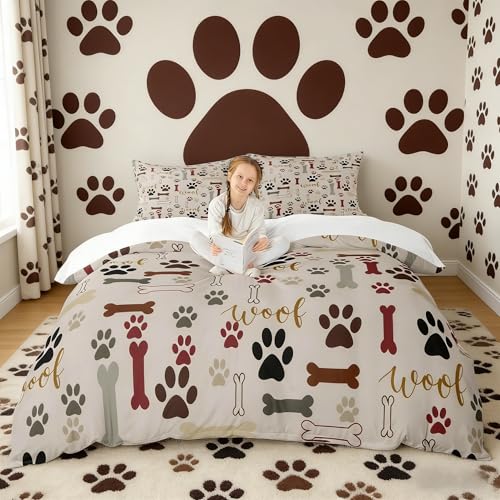 Dog Paw Print Duvet Cover Set Queen Size,Bone Pattern Bedding Set 3pcs for Kids Teens Girls Boys Room Decor, Pet Animal Comforter Cover Cartoon Quilt Cover with 2 Pillowcases