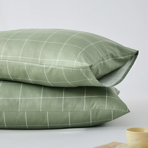 JELLYMONI Cotton Green Plaid Pillowcases Set of 2, Standard - Soft breathable feel, Envelope closure, 400TC cotton, Machine washable, Gentle on skin