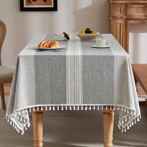 ZeeMart Contrast Linen Rectangle Table Cloth 60x84 Inch Mid-Stripe Grey - Heavy Weight Linen Textured Tablecloth, Handsewn Tassels, Modern Farmhosue Table Decor, Water Resistant Burlap Table Cover