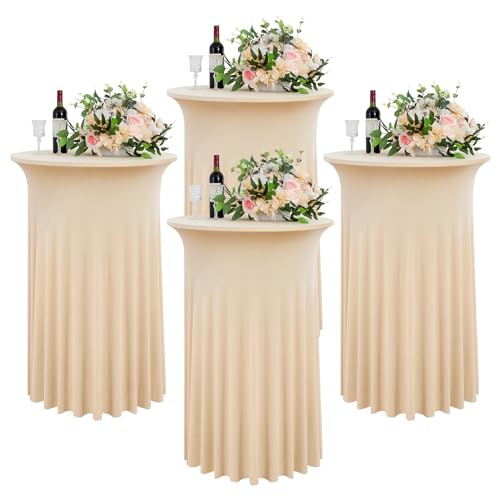 4 Pack Champagne Round High Top Cocktail Table Cloth 32inch??43inch Wrinkle Free Stretch Spandex Cocktail Tablecloths Table Covers for Cocktail Party Wedding Banquet Baby Shower Birthday