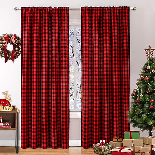 WUBODTI Christmas Red Plaid Curtains 84 Inch Length Red and Black Buffalo Plaid Curtain 2 Panels,Farmhouse Buffalo Checkered Light Filtering Curtain Drapes for Living Room Bedroom Dining Room