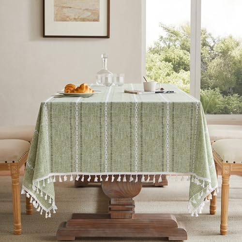 ZeeMart Hemstitched Striped Boho Table Cloth, 60x84 Inch Light Green - Heavy Weight Linen, Embroidery Stripe, Tassel Edge, Farmhouse Rectangle Tablecloths, Wrinkle Resistant Washable Table Cloths