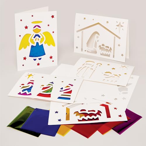 Baker Ross FX891 Nativity Stained Glass Card Kits - Pack of 6, Christmas Decoration Craft Kits for Kids