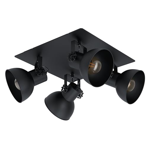 Eglo Ceiling Light Fitting Barnstaple 1, 4 Bulbs Lighting in Vintage, Industrial and Retro Design, Living Room and Bedroom spotlights Made of Black Steel, E27 Socket