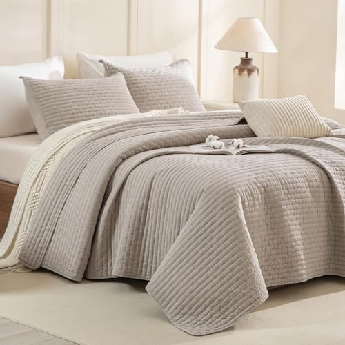 "CozyTide Queen Quilt 90""x98"",100% Stone-Washed Cotton Linen Colored Lightweight Quilt Bedding Set Soft Cozy Bedspreads & Coverlets for All Season 3Pcs (1 Soft Quilt and 2 Pillowshams)"