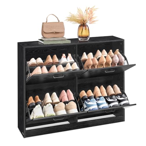 VASAGLE Shoe Storage Cabinet With 4 Flip Drawers, Shoe Cupboard with Doors, Shoe Rack, Shoe Storage, Adjustable Divider, for 16-28 Pairs of Shoes, Shoe Cabinet 105.5 x 24 x 82.7 cm, Black LBC035B01