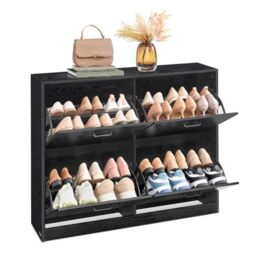 VASAGLE Shoe Storage Cabinet With 4 Flip Drawers, Shoe Cupboard with Doors, Shoe Rack, Shoe Storage, Adjustable Divider, for 16-28 Pairs of Shoes, Shoe Cabinet 105.5 x 24 x 82.7 cm, Black LBC035B01