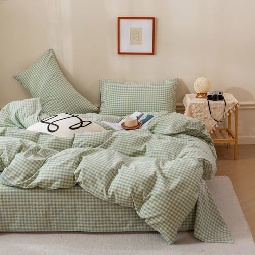 Plaid Duvet Cover Set Queen Blue Yellow Gingham Duvet Cover 100% Washed Cotton Reversible Plaid Bedding Multicolor Buffalo Grid Comforter Cover with 2 Pillowcases Luxury Soft Gingham Bedding Set