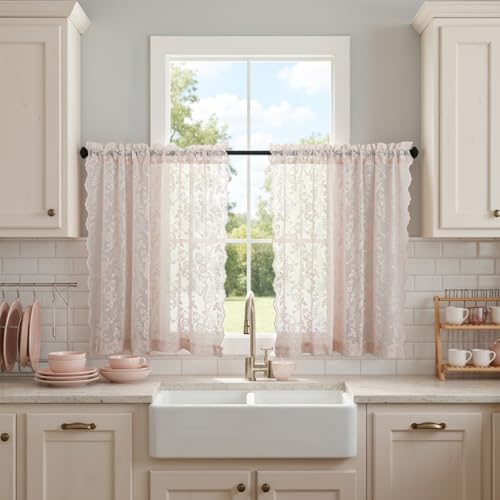 FINECITY Blush Pink Lace Curtains, Country Branch Leaf Floral Pattern, Sheer, 2 Panels, W52 x L45, Blush Pink