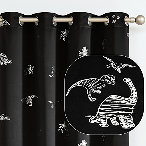 Vangao Black Blackout Curtains Dinosaur Curtains for Boys Kids Nursery Girls Room Silver Dino Foil Print Thermal Insulated Grommet Top Window Drapes 63 Inches Length 2 Panels